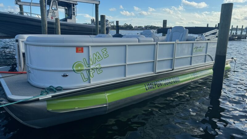 lime and cocunut pontoon boat docked