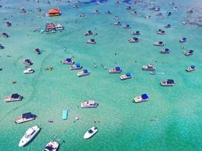 Crab Island Destin fl with boats from above