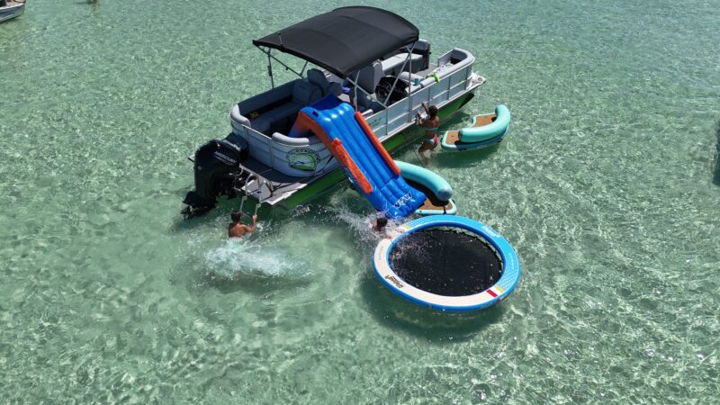 crab island activities slide off pontoon floating docks and inflatable hangouts and hammocks